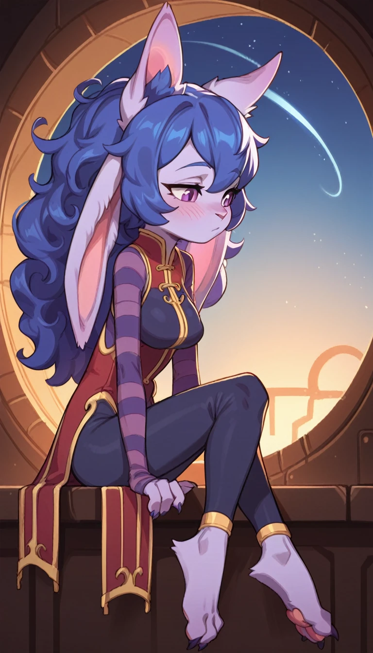 score_9, score_8_up, score_7_up, best quality, masterpiece, Lulu, (absurdly high resolution:1.4), from side, (short, diminutive, smol), yordle, (humanoid, light purple skin, purple eyes, (long ears, horizontal ears), long horizontal yordle ears, claws, feminine), futuristic outfit, barefoot, cute, adorable, slim, thin, (hair, fluffy hair,), large breasts, sleepy expression, blush lines, submissive), solo, spaceship setting, window, night sky, Expressive, young, expressive, outer space, paw pads,
