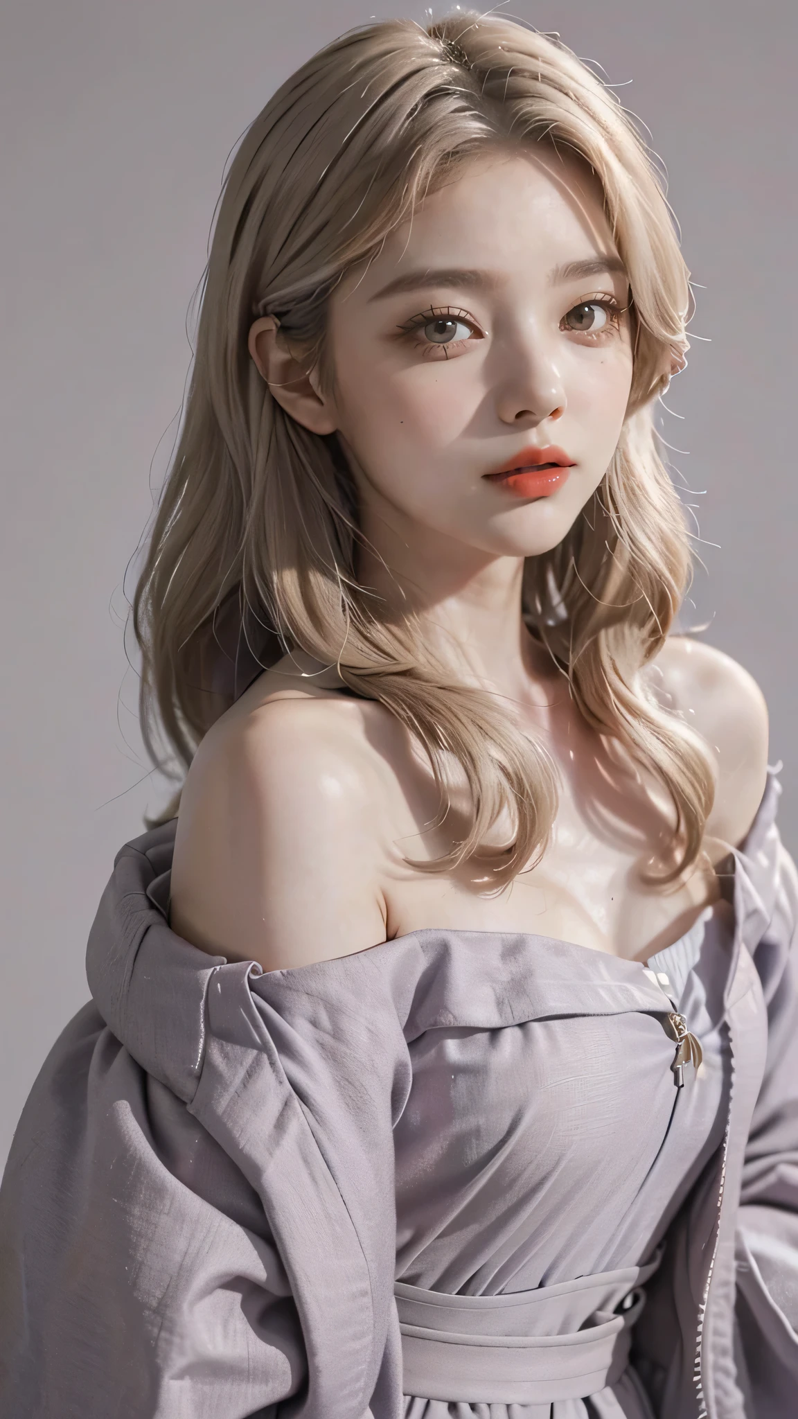 Girl wearing, luxury lavender coat, shoulder length hair, wavy hair, glowing skin, star in eye, red lips, grey background, cute poses , upper body, light blonde hair.