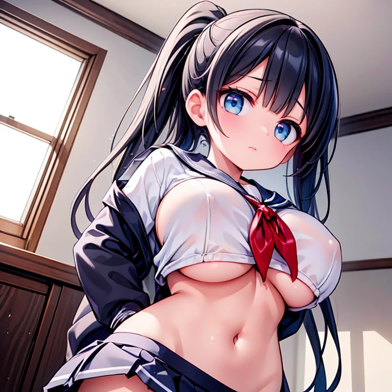 Anime Waifu beautiful detailed eyes, beautiful detailed lips, extremely detailed eyes and face, longeyelashes, 1girl, sensual, young woman, medium breasts, beautiful feminine face, nice thighs, slim, sexy, erotic, beautiful clothes, perfect body, cinematic lighting and framing, (best quality,4k,8k,highres,masterpiece:1.2),ultra-detailed,digital painting,portrait,glamorous,highly detailed,soft lighting,warm color tones (((Upper Body、Shooting from below))、(((Accentuate your breasts、Shiny underwear、、Uniform Sailor Suit、mini skirt)))、Highest quality, 8k, masterpiece :1.3)), whole body, Sharp focus :One Girl,Glowing Skin,SSexy pose,Highest quality,Tabletop,shape,Very delicate and beautiful,Hmph,8k wallpaper,wonderful,In detail,Official Art,Very detailedなティッカーUnity 8k wallpaper,Incredibly ridiculous,Large file size,Very detailedな,High resolution,Very detailed,Beautiful detailed girl,Realistic,X-ray,The queue is full,(((Uniform Sailor Suit、mini skirt)))、(((Big Breasts、Black Hair、Uniform Sailor Suit、chool、classroom)))、Stand upright、Cleavage , ((Long black hair、))、Uniform Sailor Suit、exy pose、Hairstyle: Ponytail、both hands