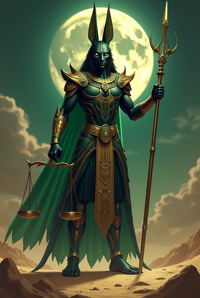 Anubis at full height, formidable and warlike, don&#39;t score goals, in armor, black in gold with green, with scales in left hand, with a staff in his right hand, against the backdrop of a crescent moon in the desert, anubis symbols, clouds, 