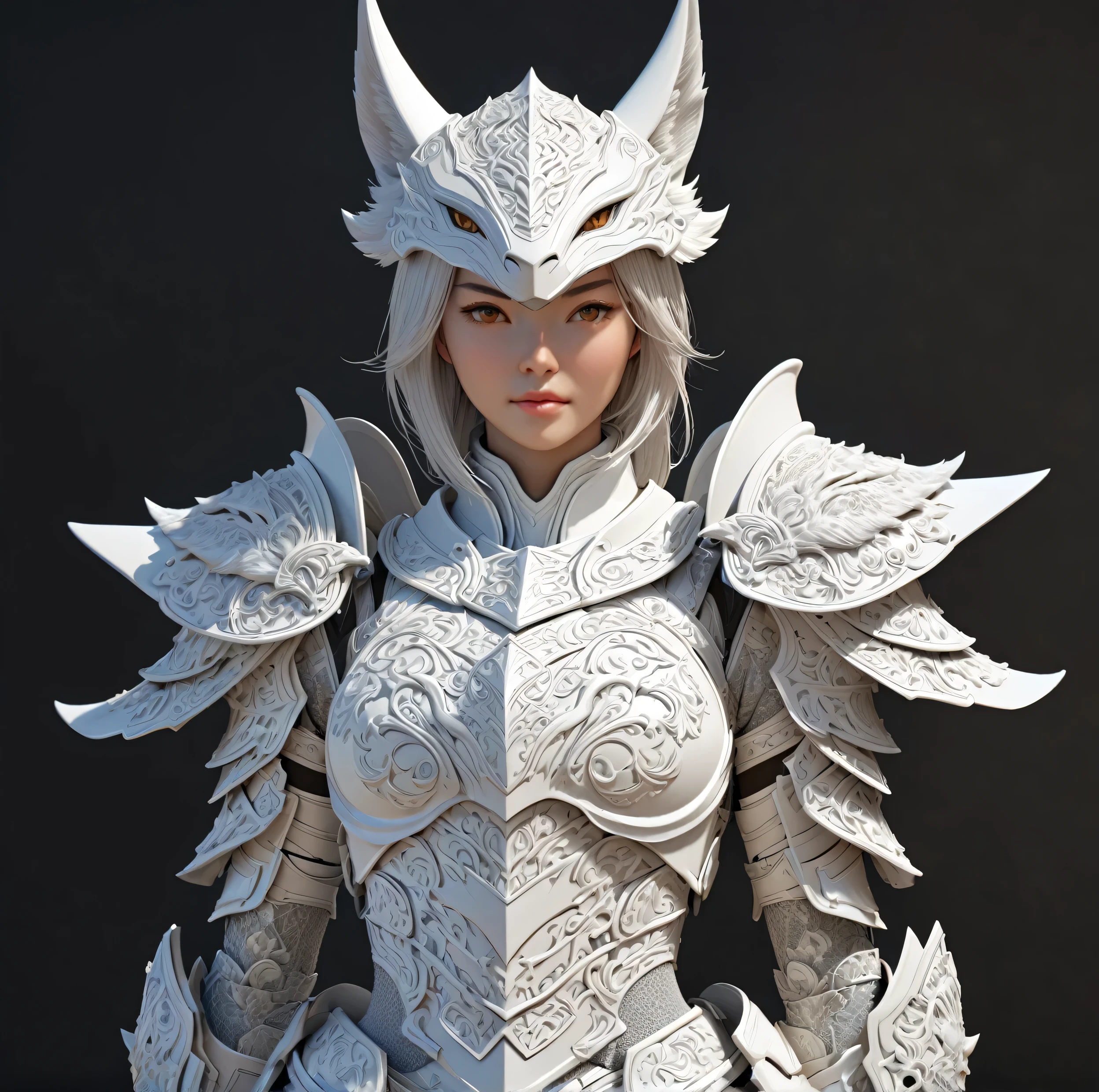 a close up of a model of a female character with a helmet, high detail and very sharp, strong ambient occlusion, detailed armor, detailed fantasy armor, high poly, highly detailed armor, kitsune inspired armor, hyperdetailed fantasy character, detailed white armor, armour merging with body, render of heavy fantasy armor, intricate armor details