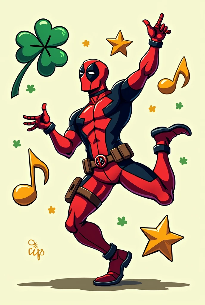 Deadpool with the symbol of lucky Trevor , five star and music symbol. Lucky, star, music . Dancing showing ass funny. By: Sam Oca