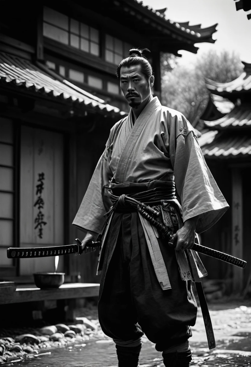 1950s Film, arcane samurai. Captured on a 35mm camera, black andwhite, Classic film noir, (best qualityer, work of art, Representative work, offcial art, proffesional, ultra intricate detailed, 8k:1.3)