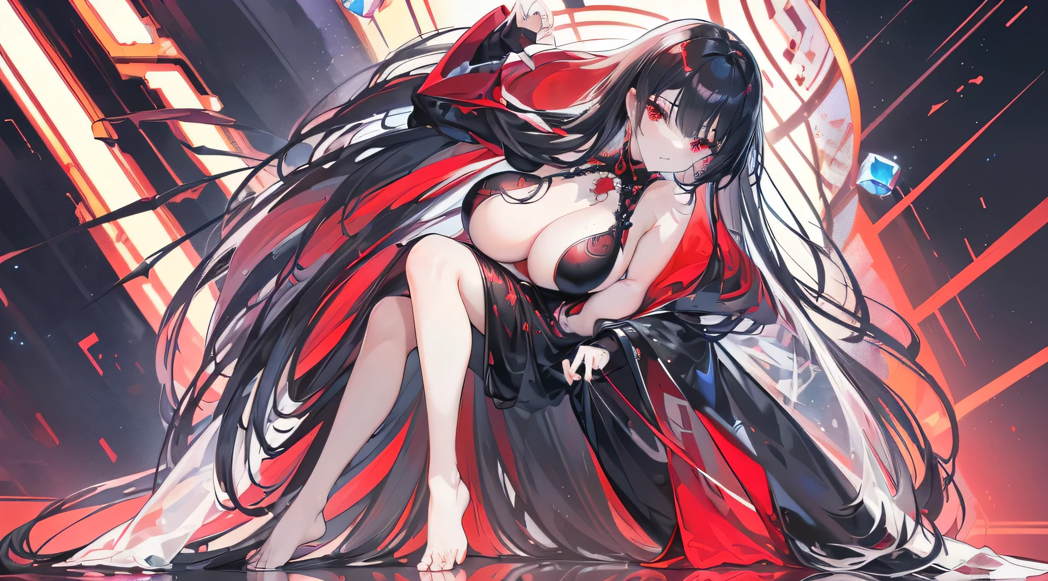 Exquisite eyes),(Clear and beautiful eyes:1.61),masterpiece, ung girl,(Black clothes and some red gems), Black long hair, (She has a huge red gem on her chest), Good Hand,((The Havoc of StarCraft)),full-body shot,Fighting Stance,(Red Eyes:1.466),short and small,(Very big breasts:1.35),(Pretty Face),(full-body shot:1.33),Beautiful hands