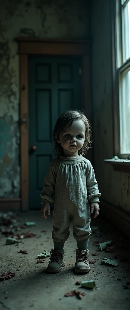 A miniature, detailed and hyper-realistic scene, a very detailed miniature scene, a disturbing atmosphere, dramatic lighting, a moody and eerie color palette, dark dimly lit abandoned house, horror elements, a cinematic composition, a photorealistic masterpiece.