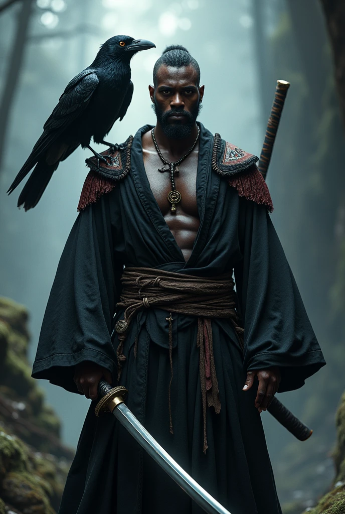 A black man strapped with a samurai sword and and his spirit animal Crow perched on his shoulder