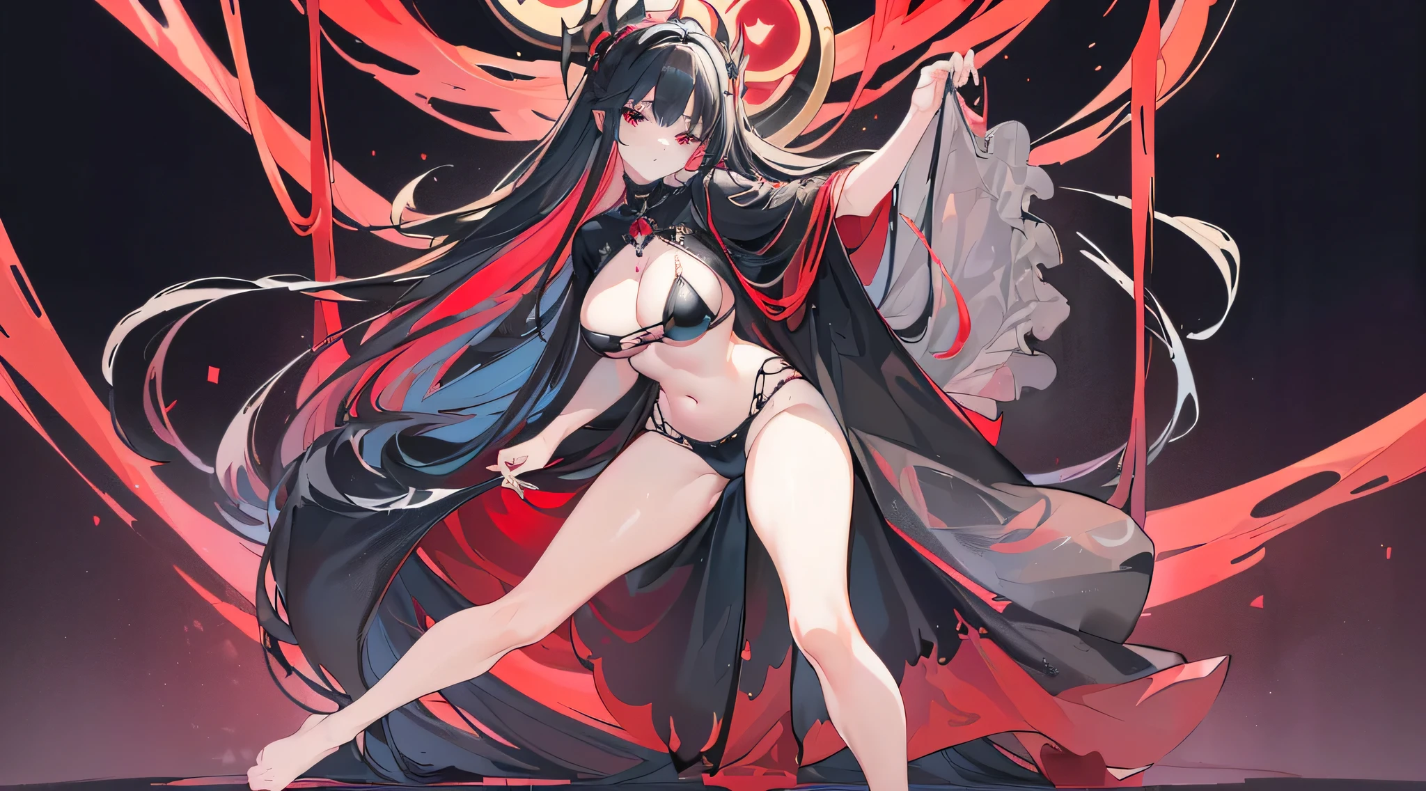Exquisite eyes),(Clear and beautiful eyes:1.61),masterpiece, ung girl,(Black clothes and some red gems), Black long hair, (She has a huge red gem on her chest), Good Hand,((The Havoc of StarCraft)),full-body shot,Fighting Stance,(Red Eyes:1.466),short and small,(Very big breasts:1.35),(Pretty Face),(full-body shot:1.33),Beautiful hands