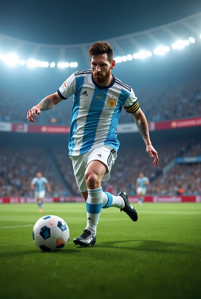 Make a picture of Messi scoring a goal with Argentina clothes on