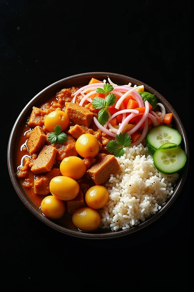 Chicken and potato stew,rice and tomato salad, cucumber and onion cut into slices, All this can be seen on a full plate and black background