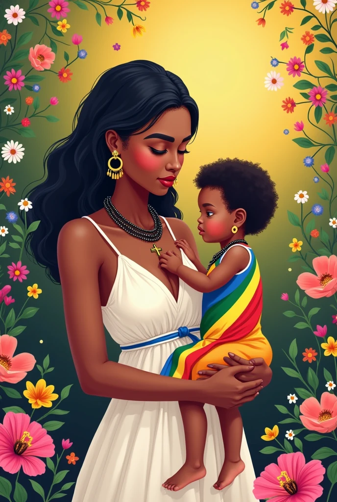 Postcard on an International Mother's Day, beautiful colours, nice picture of a Mother and her kid, flowers in background.she wearing a beautiful white dress with a strip of Ethiopian flag.her skin is less darker, she and her child having black woolen necklace and a cross on it