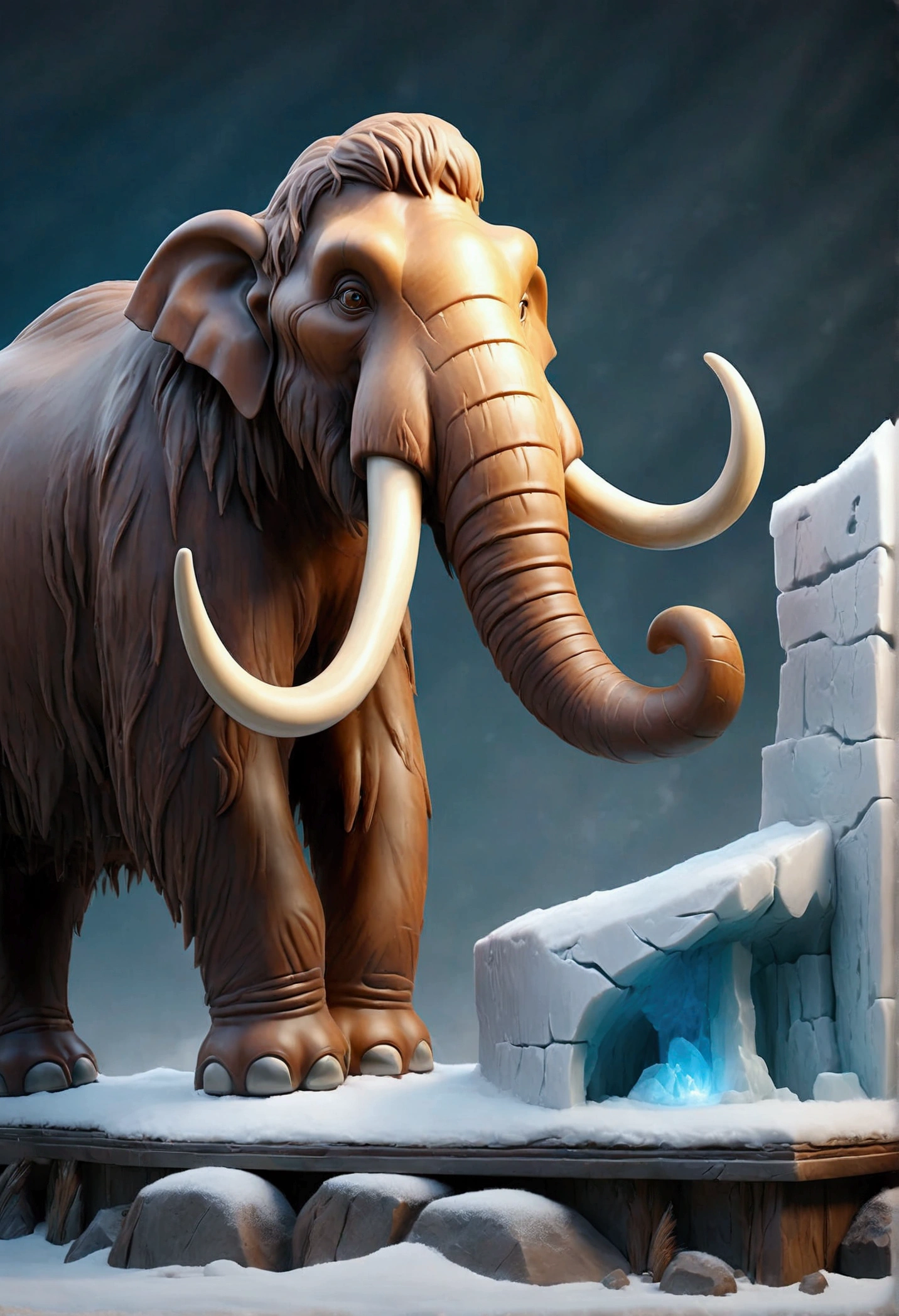 Visualize a massive woolly mammoth encased within a large, perfectly transparent block of ice. The mammoth is depicted in a majestic pose, with its thick fur and enormous tusks clearly visible through the ice. The ice block is crystal clear, capturing the fine details of the mammoth’s ancient features, with tiny air bubbles and cracks running through the ice. The mammoth appears as if frozen in time, its expression calm yet powerful. The block of ice rests on a cold, barren landscape, with a pale, wintry sky overhead, giving a sense of isolation and timelessness."