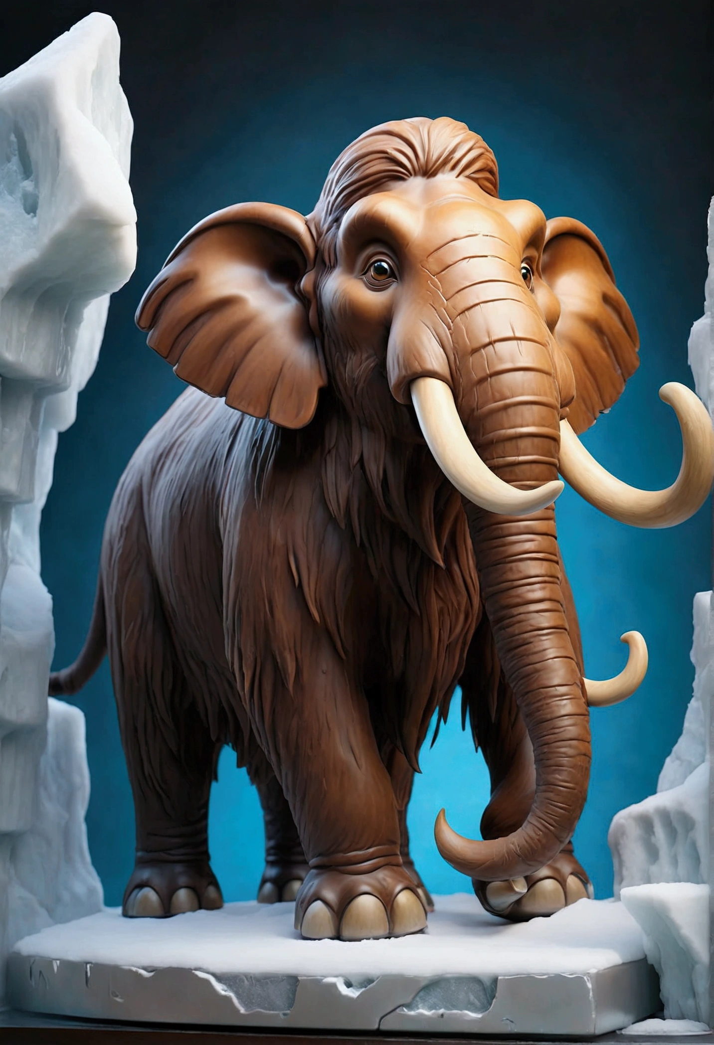 Visualize a massive woolly mammoth encased within a large, perfectly transparent block of ice. The mammoth is depicted in a majestic pose, with its thick fur and enormous tusks clearly visible through the ice. The ice block is crystal clear, capturing the fine details of the mammoth’s ancient features, with tiny air bubbles and cracks running through the ice. The mammoth appears as if frozen in time, its expression calm yet powerful. The block of ice rests on a cold, barren landscape, with a pale, wintry sky overhead, giving a sense of isolation and timelessness."