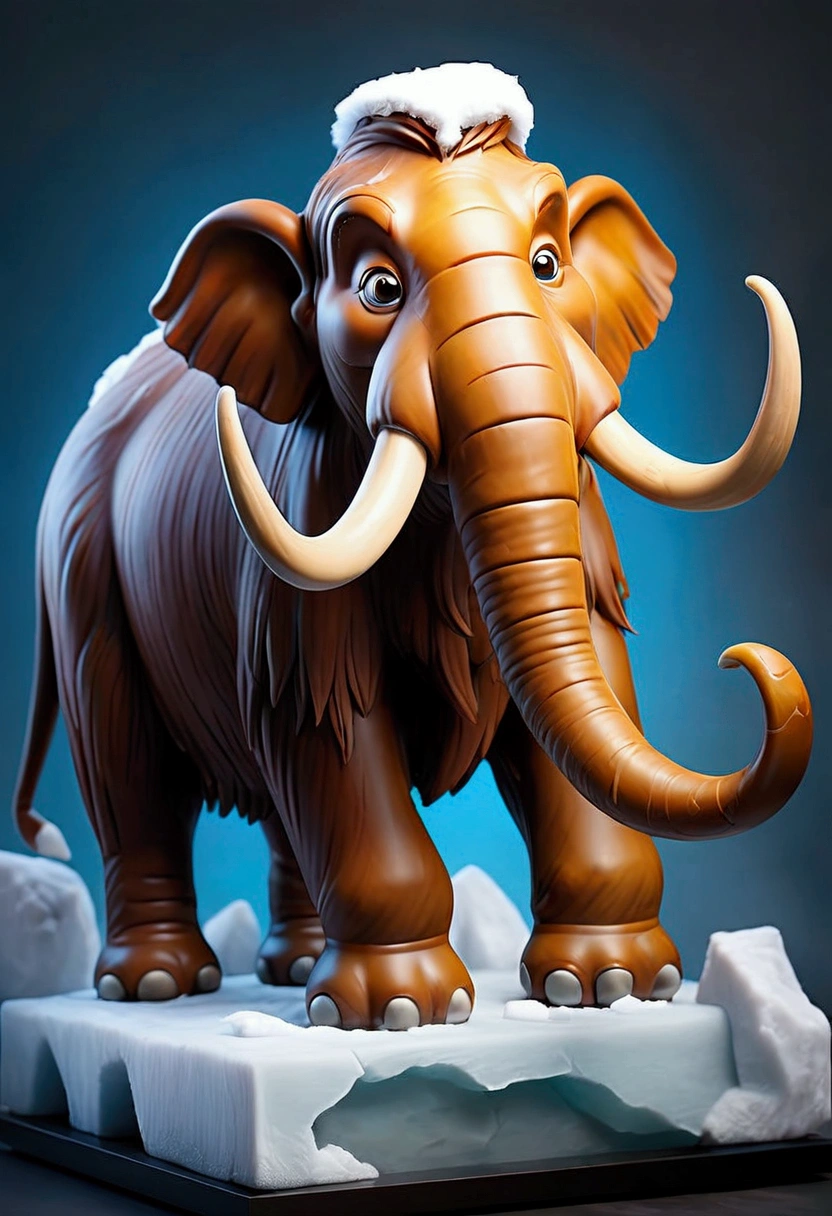 Visualize a massive woolly mammoth encased within a large, perfectly transparent block of ice. The mammoth is depicted in a majestic pose, with its thick fur and enormous tusks clearly visible through the ice. The ice block is crystal clear, capturing the fine details of the mammoth’s ancient features, with tiny air bubbles and cracks running through the ice. The mammoth appears as if frozen in time, its expression calm yet powerful. The block of ice rests on a cold, barren landscape, with a pale, wintry sky overhead, giving a sense of isolation and timelessness."