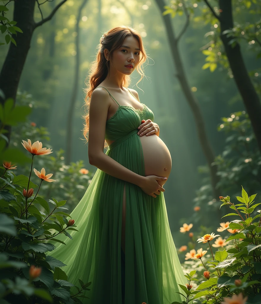pregnant woman in green dress standing in forest with sunbeams, a photorealistic painting inspired by Kim Du-ryang, trending on cg society, fantasy art, maternal photography 4 k, in green forest, full body pose, full body photoshoot, goddess of the forest, goddess of nature, nature goddess, full body portrait shot, pregnant belly, full body green dress