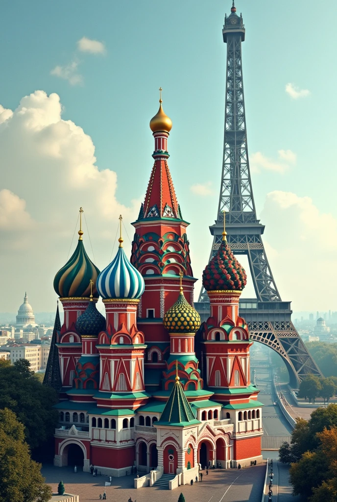 Saint basil cathedral and eiffel tower in