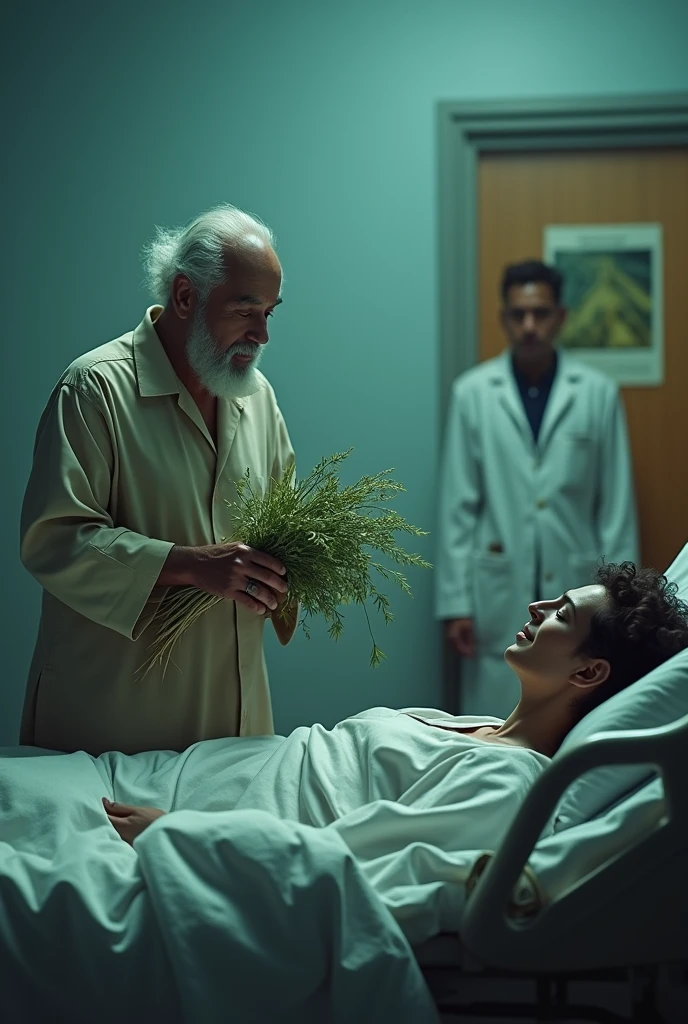 Create an ultra-realistic image of an intense and emotional scene in a hospital room. The elderly male healer, Vô Augusto, is seen standing at the bedside of a critically ill patient, holding his bundle of herbs with calm confidence. A renowned and skeptical doctor stands nearby, observing Vô Augusto with a mix of doubt and curiosity. The room is filled with a serene atmosphere, with the healer's firm and faithful voice seemingly resonating through the image. The patient, who was once at death's door, begins to show subtle signs of improvement, bringing a sense of hope to the scene. The doctor's expression gradually shifts from skepticism to one of respect and awe, realizing the power of Vô Augusto's benzimento. The overall mood of the image should convey a powerful contrast between science and faith, with a deep sense of healing and transformation. milagre, miracle, cura, médio surpreso e agradecido ao milagre, paciente FELIZ