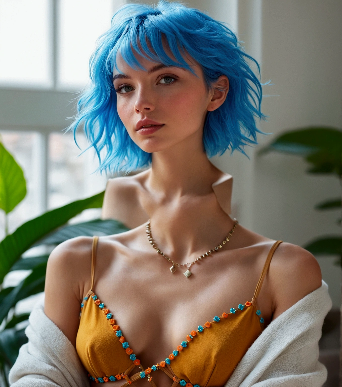 Créez une influenceuse réaliste âgée de 20ans nommée Livia Aurora . Elle a une coupe pixie moderne avec des colorations audacieuses, elle sexy, telles que des reflets bleu ou violet. Son style est à la fois chic et distinctif dans le rue de paris. Livia doit dégager une aura inspirante, positive et calme, avec une touche d'humour. Elle mélange les thèmes de la mode et du lifestyle avec le bien-être et le développement personnel. Les images doivent la montrer dans des tenues tendance, avec un look moderne et soigné, et inclure des éléments visuels évoquant la relaxation, le style et l'inspiration personnelle.