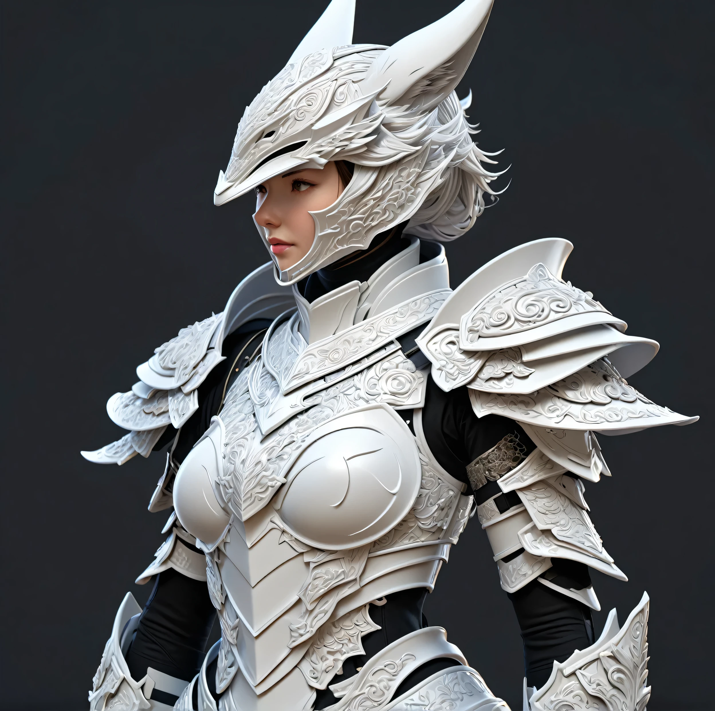 a close up of a model of a female character with a helmet, high detail and very sharp, strong ambient occlusion, detailed armor, detailed fantasy armor, high poly, highly detailed armor, kitsune inspired armor, hyperdetailed fantasy character, detailed white armor, armour merging with body, render of heavy fantasy armor, intricate armor details