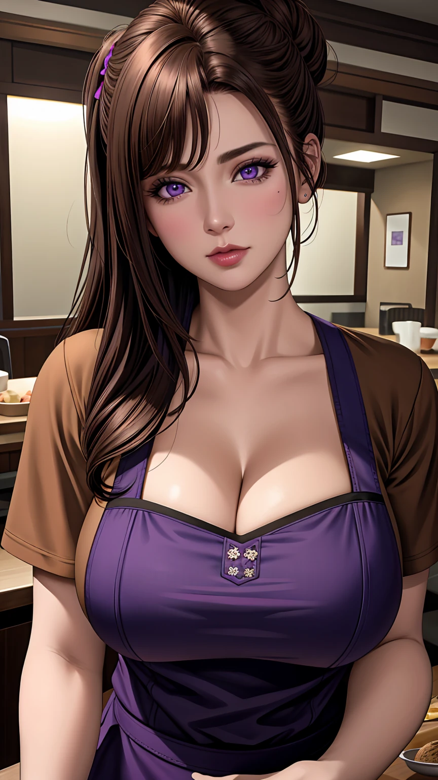 masterpiece:1.5, Highest quality:1.5, beautiful, 1 girl, Side Lock, Cinema Lighting, Sharp focus,Big Breasts , Mature Woman, horny ,16K, Shining Eyes, Detailed 4K Eyes,
playground,Lure,Sexy lips, Lips parted,Detailed lips, Highly detailed background,((Big purple eyes)), Detailed face,Glowing Skin,
Aunt Junev3,Aunt June,,Hair Bun, bangs, Messy Hair
, Brown Hair,( Brown shirt:1.3),Floral apron, food, Big Breasts, Brown eyes, Mature Woman, bowl, blush, Focus Only,Full Cross,Short sleeve, A little cleavage,
