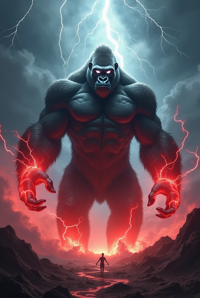 Gorilla with very strong arms and white eyes and a red glow all over his body and in the sky with an electrical storm and a very bright lightning bolt and the open earth