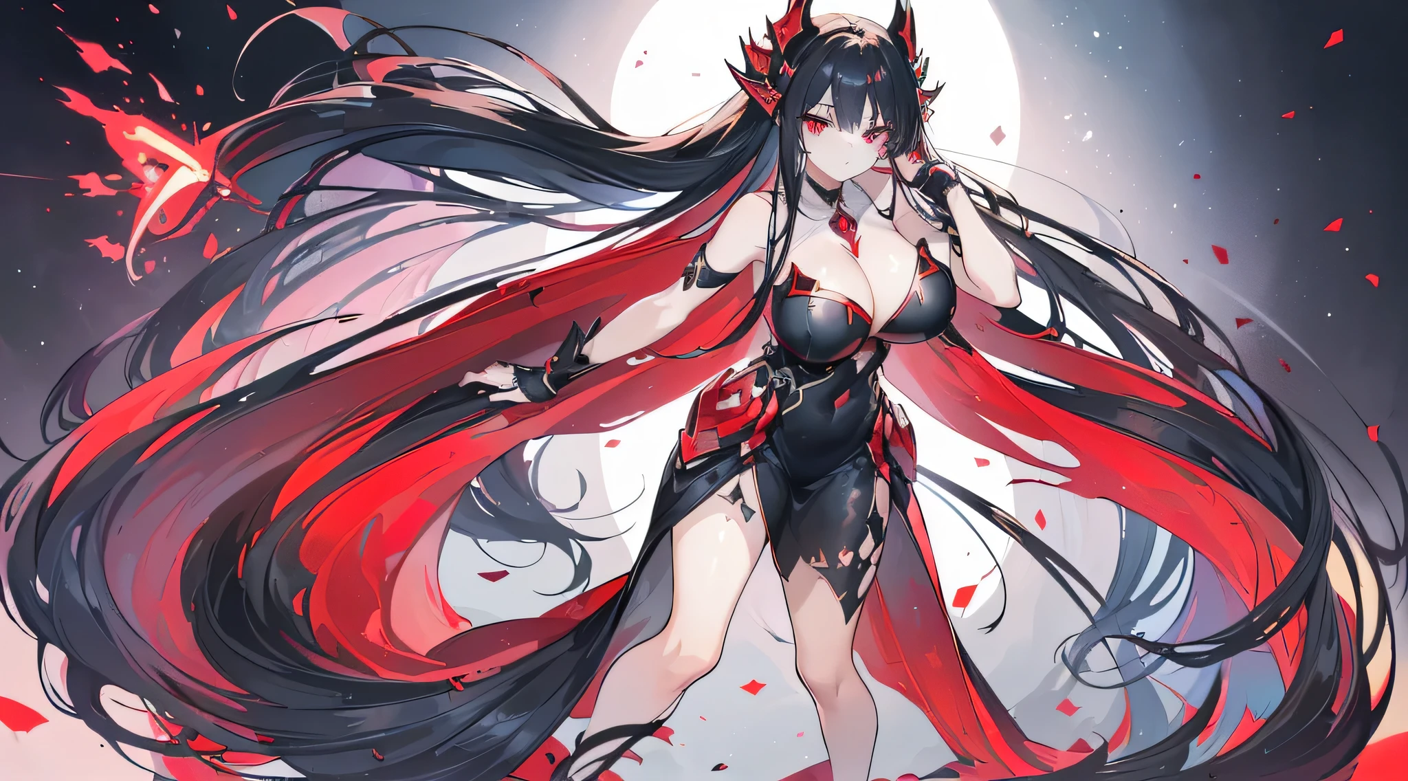 Exquisite eyes),(Clear and beautiful eyes:1.61),masterpiece, ung girl,(Black clothes and some red gems), Black long hair, (She has a huge red gem on her chest), Good Hand,((The Havoc of StarCraft)),full-body shot,Fighting Stance,(Red Eyes:1.466),short and small,(Very big breasts:1.35),(Pretty Face),(full-body shot:1.33),Beautiful hands