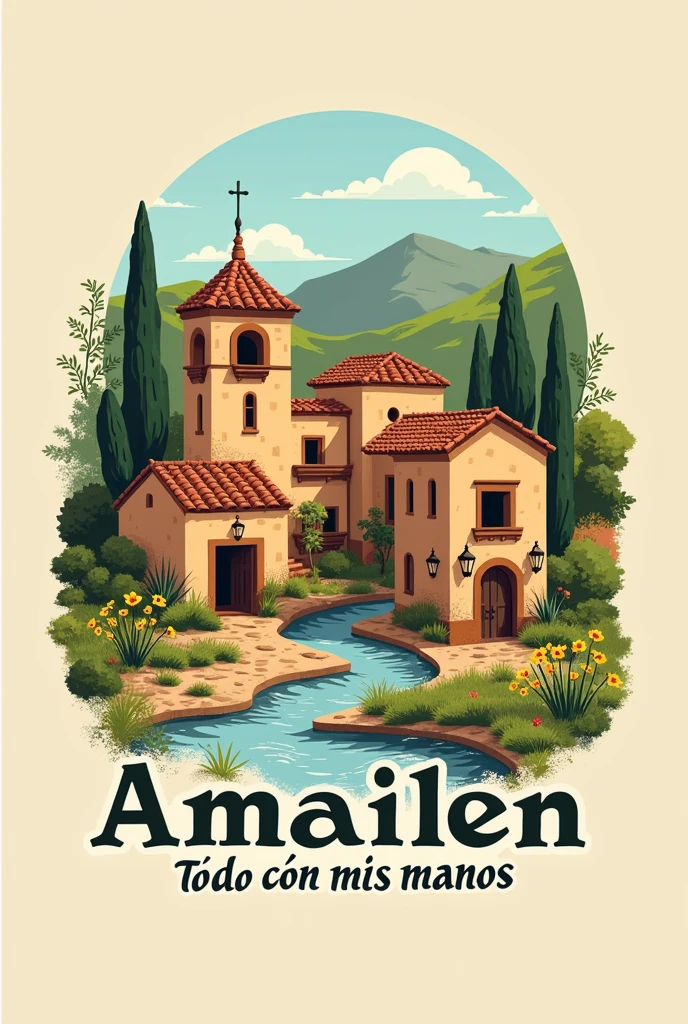 Create a logo with the name amailen, where a rustic and artisanal Eden-style village appears , Also with the following slogan everything with my hands and it must have earth or terracotta colors, everything must be in Spanish, besides the logo being magical and happy and heritage 