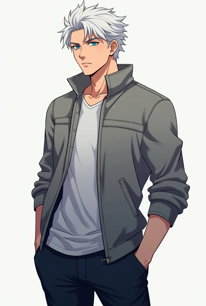 A 2 German boy, White skin, snow white hair, blue eyes, with a muscular and stocky body, tall, full body image, is a men's clothing model, style anime