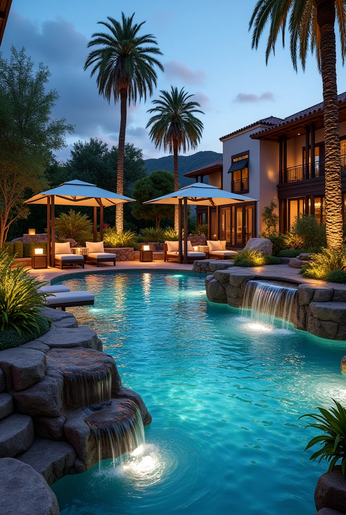 Water Features and Poolside Amenities
Create a visually stunning poolside area with elegant water features such as waterfalls and fountains. The design should include comfortable poolside seating, shaded areas with cabanas, and well-placed outdoor lighting that enhances the ambiance at night.