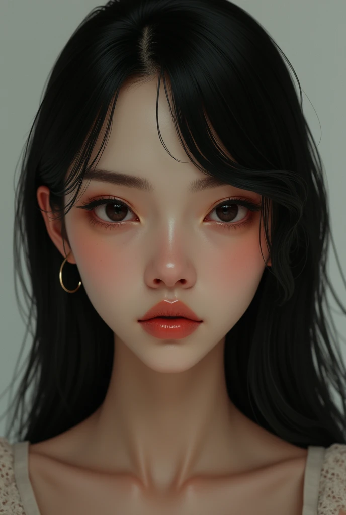 Latin woman with an elongated face and a small mole on the left side of her face, black straight hair, A little chubby, little Chinese eyes