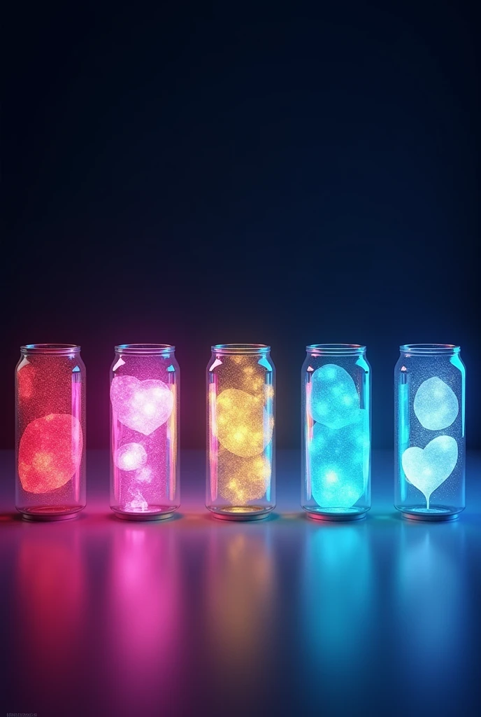 Generate me an image of an alcoholic product in a can, where it is bright and is in a transparent can. Do it in a dark environment so that it generates contrast and the luminescence can be noticed.. The can must be without a name. that they are 6 cans in series of different colors.