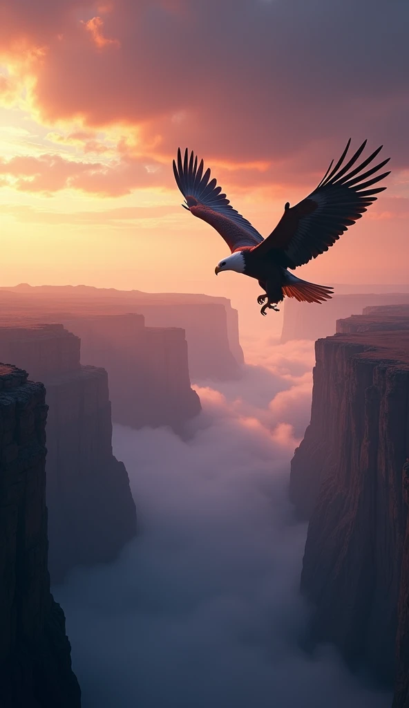 Ultrarealistic 8k Image, Eagle on the Horizon: "A giant eagle with its wings spread, gliding over a vast canyon, with the sun rising behind her. The sky is divided into dramatic shades of orange and purple, criando um contraste impressionante. The mountains below are partially covered in fog, adding a sense of greatness and achievement."