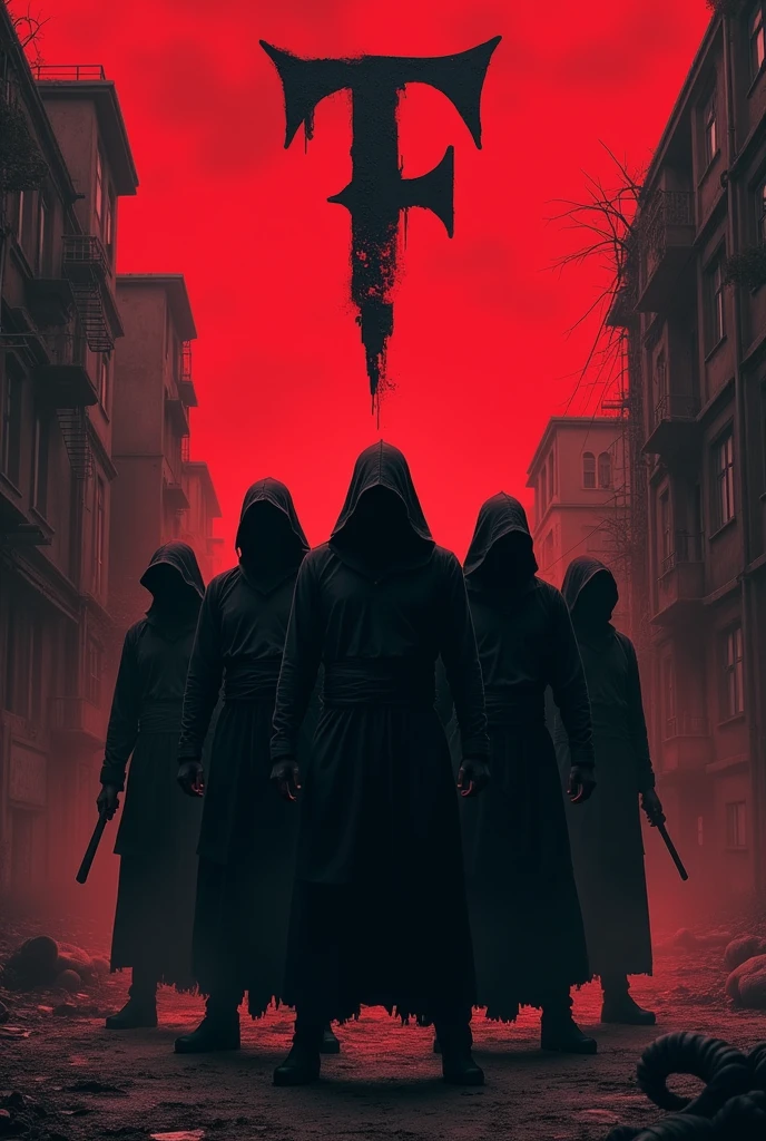 Image de plusieurs ninja tout en noire dans le ghetto avec dans un ciel rouge un logo former du chiffre 7 et de la lettre F coller dos à dos écrit avec la police horror