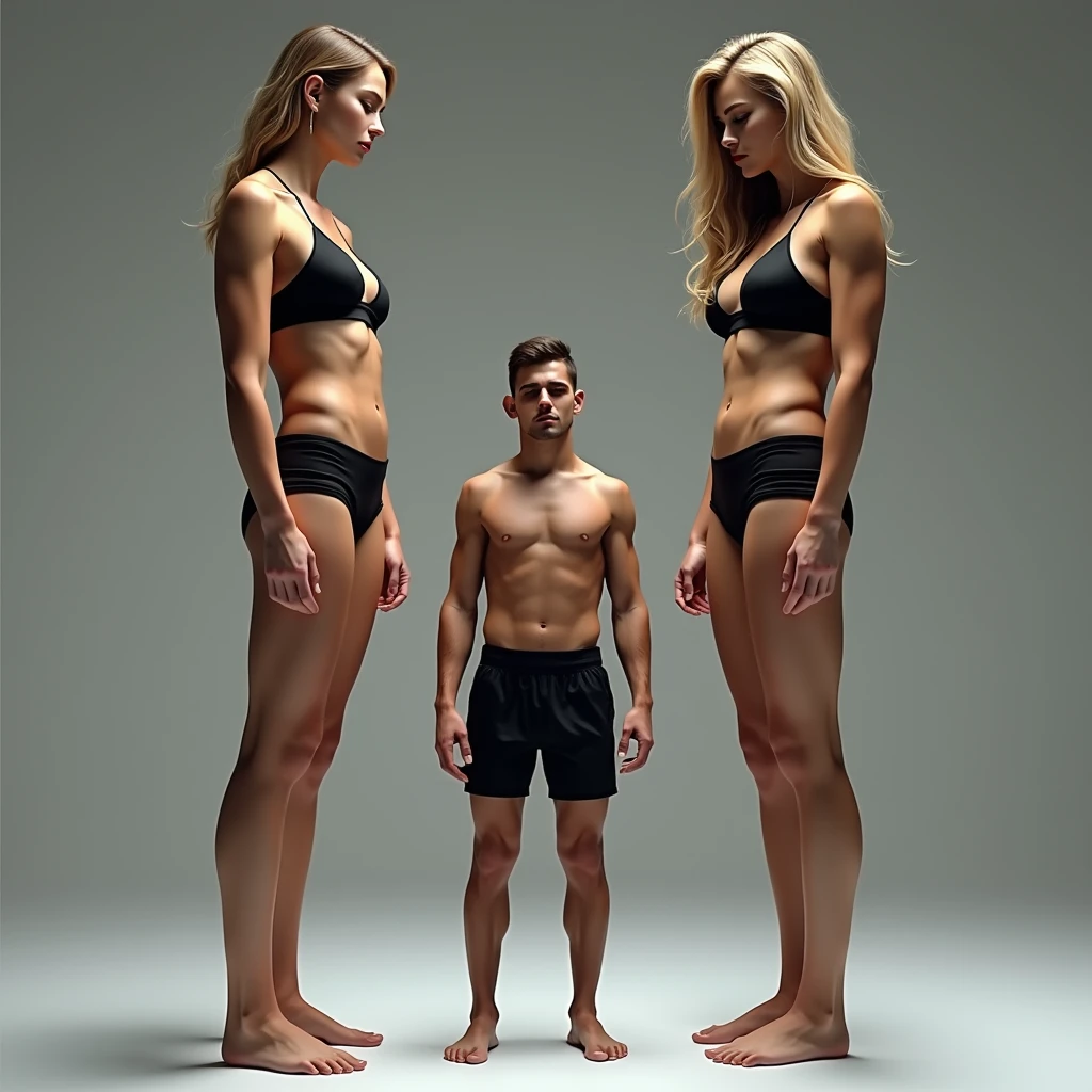 Two Very Tall girls in the left and right, short man in the middle, the two girls are much taller than the man, girls are models, girls are ring girls, man is an mma fighters, girls are wearing black bras and shorts, man is shirtless and wearing black shorts, girls are standing barefoot, man is wearing shoes