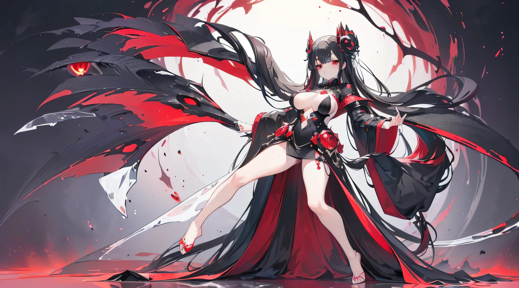 Exquisite eyes),(Clear and beautiful eyes:1.61),masterpiece, ung girl,(Black clothes and some red gems), Black long hair, (She has a huge red gem on her chest), Good Hand,((The Havoc of StarCraft)),full-body shot,Fighting Stance,(Red Eyes:1.466),short and small,(Very big breasts:1.35),(Pretty Face),(full-body shot:1.33),Beautiful hands