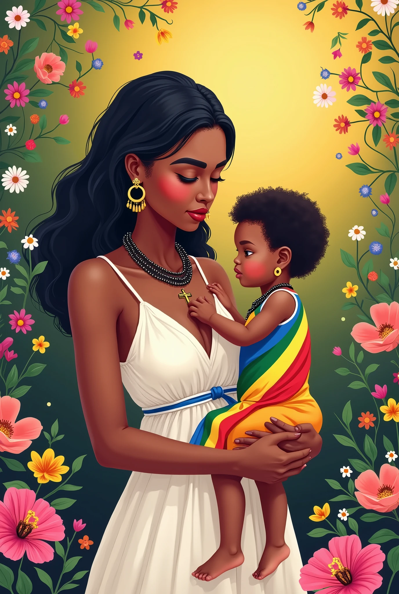 Postcard on an International Mother's Day, beautiful colours, nice picture of a Mother and her kid, flowers in background.she wearing a beautiful white dress with a strip of Ethiopian flag.her skin is less darker, she and her child having black woolen necklace and a cross on it