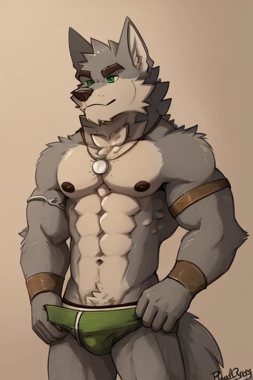 Simple shading, Alone, lobo, detailed face, detailed body, 5 fingers, Detailed hands, pair of nipples, defined pectorals, green eyes, detailed eyes, ((gray fur)), short hair, 2 arms, Men underwear, green underwear, lump between leg, ((pulling down underwear)), por pache riggs
