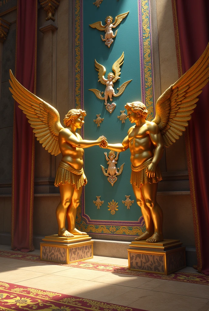 The image would have the interior of Solomon&#39;s Temple with two large golden cherub statues. They would be standing, side-by-side, com suas asas abertas, touching both the temple walls and each other&#39;s wings. Ao fundo, the walls would be richly decorated and a curtain of blue fabric, purple and crimson, embroidered with cherubs, would separate the sacred space. The scene would exude grandeur and sacredness, reflecting the divine presence.