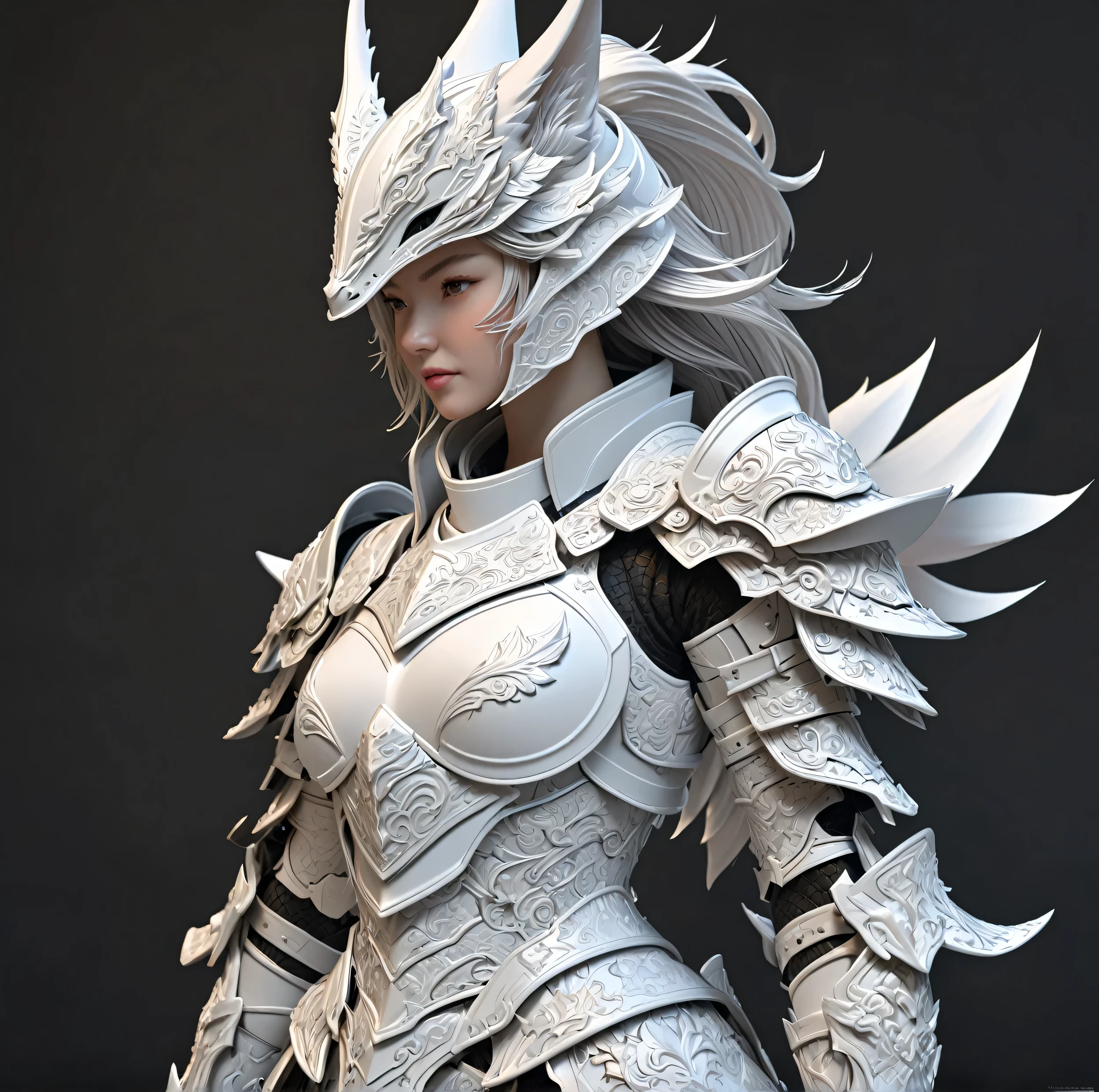 a close up of a model of a female character with a helmet, high detail and very sharp, strong ambient occlusion, detailed armor, detailed fantasy armor, high poly, highly detailed armor, kitsune inspired armor, hyperdetailed fantasy character, detailed white armor, armour merging with body, render of heavy fantasy armor, intricate armor details