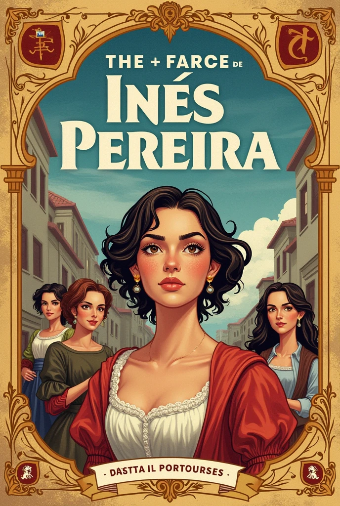 Create a cover for the book The Farce of Inês Pereira with , le, author of the work , illustration representing a scene from the book , typography and a catchphrase from the book