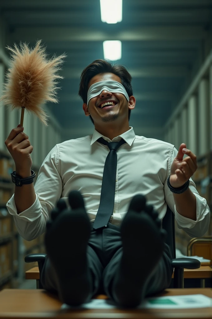 Malaysia malay handsome 19 years student
He laugh very hard
His hand handcuff in abondon warehouse
Blindfolded
handcuff
Formal Work Outfit
feet on desk
feather duster on desk
Take off shoes on desk
Black sock
2 man holding feather duster
His feet sweaty