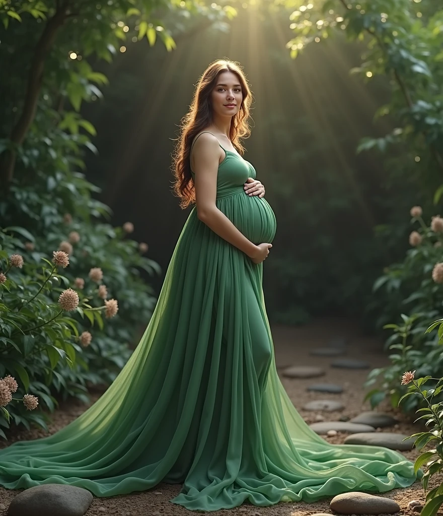 pregnant woman in green dress standing in forest with sunbeams, a photorealistic painting inspired by Kim Du-ryang, trending on cg society, fantasy art, maternal photography 4 k, in green forest, full body pose, full body photoshoot, goddess of the forest, goddess of nature, nature goddess, full body portrait shot, pregnant belly, full body green dress