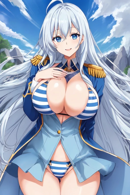 1girl, large breasts, thick thighs, blue jacket, blue eyes, white hair, horizontal stripes, striped bikini, smile, happy, light smile, long hair, open jacket, bikini, 2d, anime style, anime screencap, epaulettes, (blue stripes), hourglass figure,
