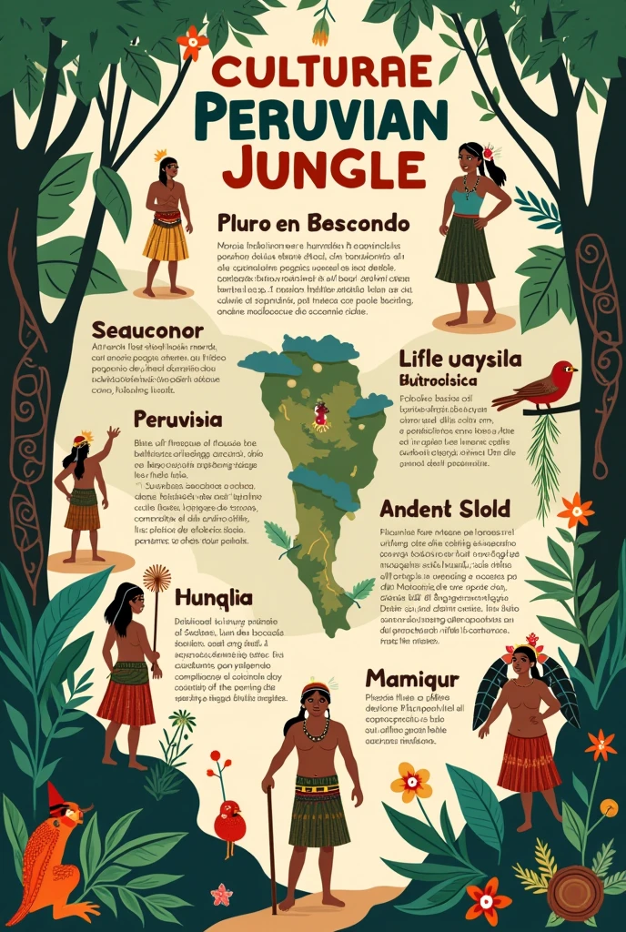 Infographic about the traditions of the Peruvian jungle in Spanish