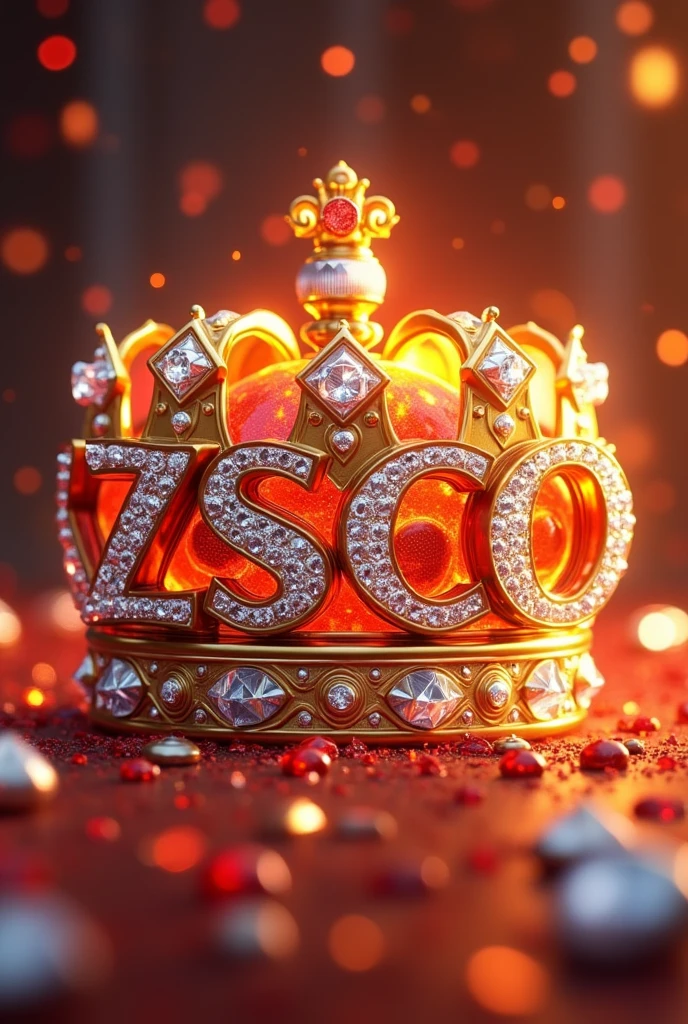 une Touche colorée 3D de gold de feu et de blanc, avec le texte métallique nom "ZSCO" écrit en losanges ». inclure des rubis et des diamants avoir une couronne sur ce nom