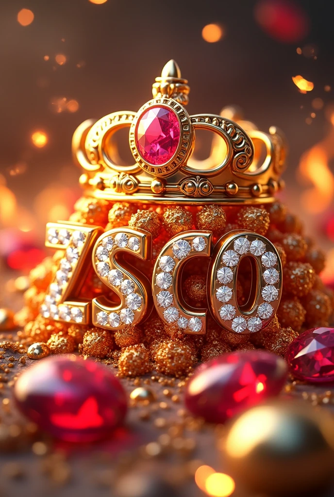 une Touche colorée 3D de gold de feu et de blanc, avec le texte métallique nom "ZSCO" écrit en losanges ». inclure des rubis et des diamants avoir une couronne sur ce nom