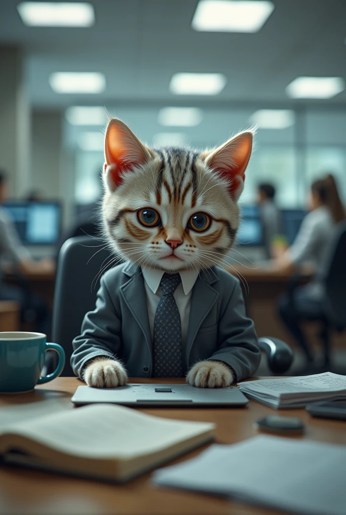 # AI kitten exhausted, prompting an office worker in a busy office、AI kitten sitting on a small desk。He&#39;s wearing a grey business suit、The tie is loose、The jacket is wrinkled。The kitten&#39;s expression shows extreme fatigue.、The eyes are depicted as swirling。Ears drooping、The shoulders are also slumped。There are piles of papers on the desk、Multiple empty coffee cups、I see a computer screen full of blinking unread messages。There was a faint electronic aura around the kitten.、Hinting at AI elements。In the background, other office workers are busy moving around.（human）The silhouette of。The whole room is illuminated by pale fluorescent light.、It creates an atmosphere of long working hours.。The kitten has big bags under his eyes.、Expressing chronic fatigue。