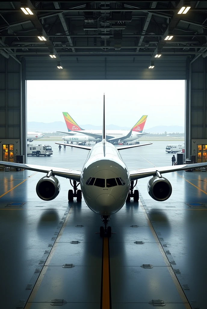 A plane entering a hangar with the planes behind it
