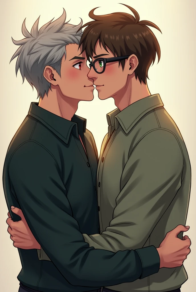 two men hugging, Same height, one with gray hair and red eyes, the other with green eyes and brown hair wearing round-rimmed glasses
