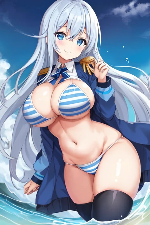 1girl, large breasts, thick thighs, wide hips, blue jacket, blue eyes, white hair, horizontal stripes, striped bikini, smile, happy, light smile, long hair, open jacket, bikini, 2d, anime style, anime screencap, epaulettes, (blue stripes), hourglass figure