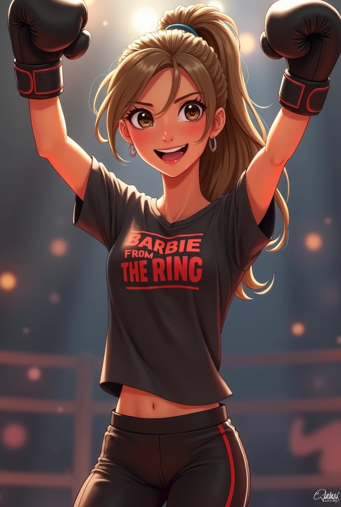 Creates a beautiful woman, long light brown hair with some blonde highlights, slightly wavy tied with a high ponytail, small almond-shaped brown eyes, thin and elongated face, pointed chin, slightly plump and pink lips, wears black boxing gloves, is wearing a t-shirt saying "BARBIE FROM THE RING", he is also wearing gym pants, his arms and hands are raised because he won the fight, his face is excited and happy, animation character,